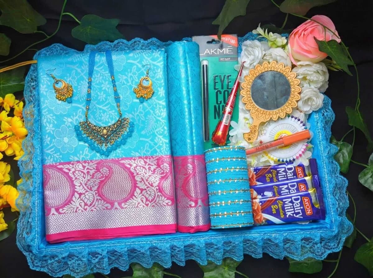 kanchi katan skay blue saree combo — image 4