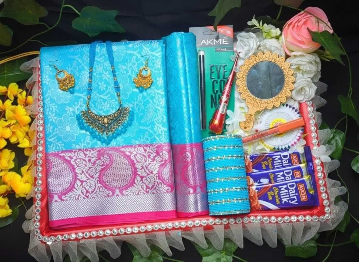 kanchi katan skay blue saree combo — image 2