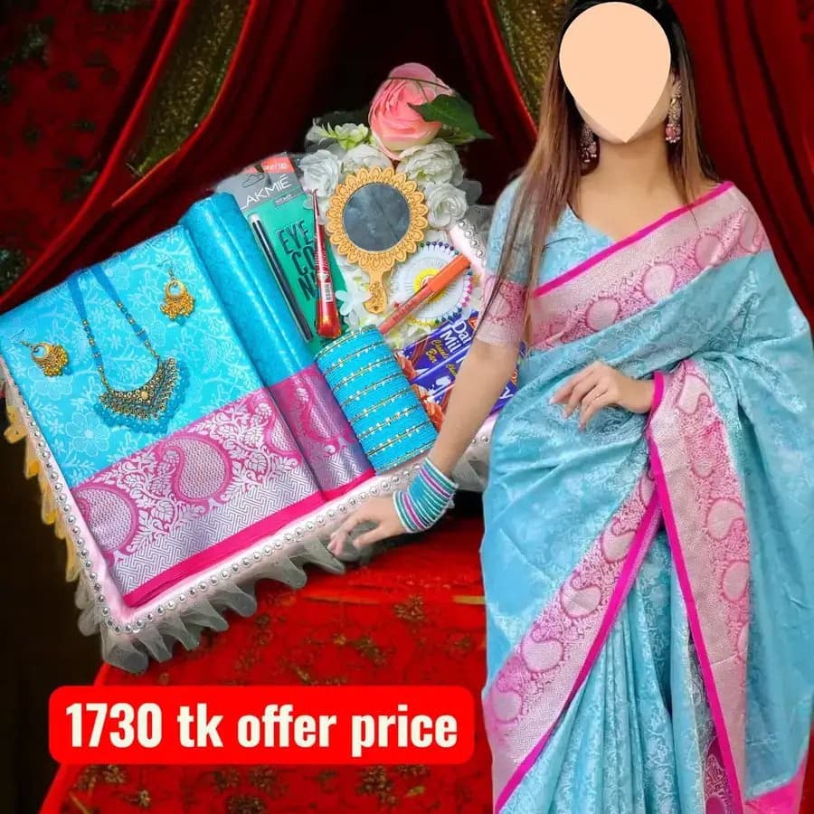 kanchi katan skay blue saree combo
