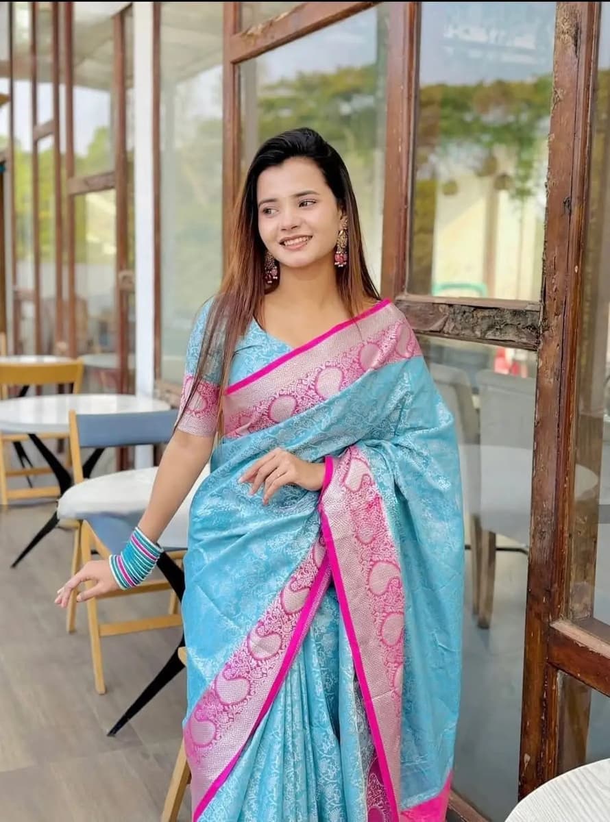 kanchi katan skay blue saree combo — image 5