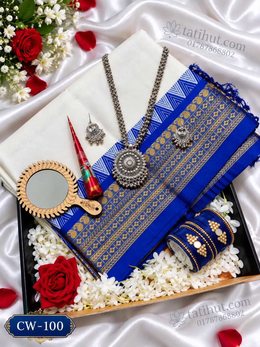 White & Blue Elegance Tangail Pure Cotton Saree Gift Combo – CW-100